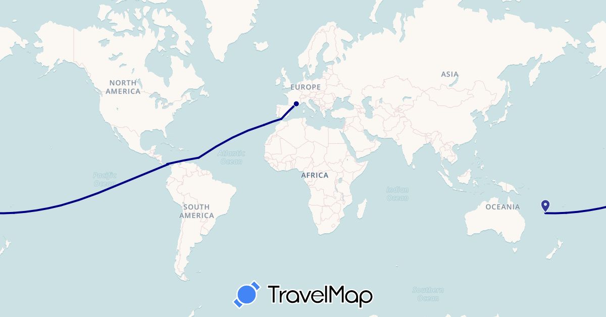 TravelMap itinerary: driving in Barbados, France, New Caledonia, Panama, French Polynesia, Portugal (Europe, North America, Oceania)